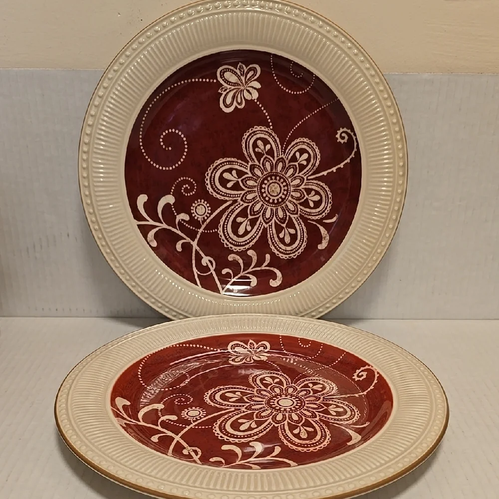 Pair of Pier 1 Maribeth Floral Red and Cream Dinner Plates